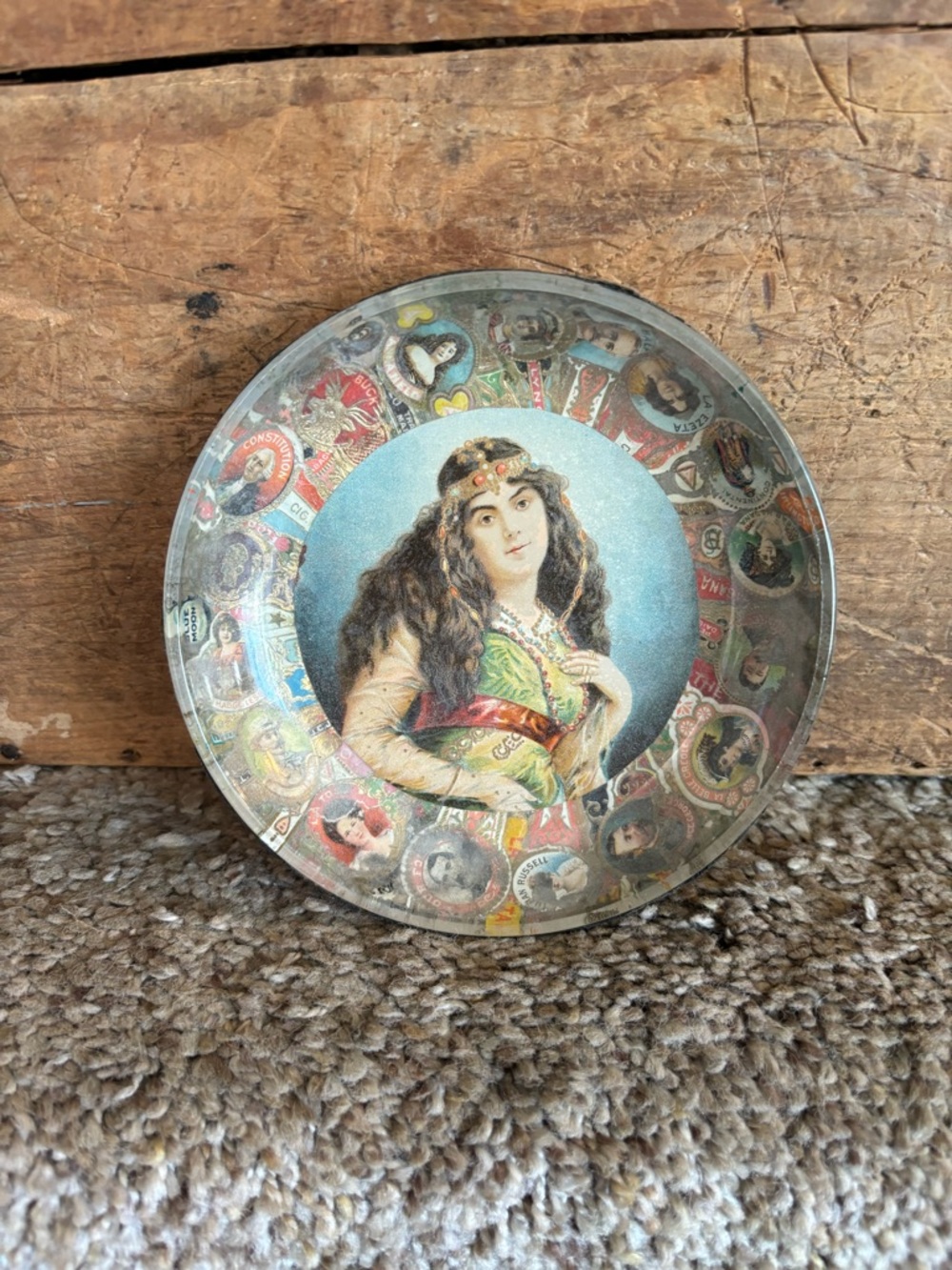 Vintage Decorative Round Plate with Portrait Motif - Blue & Multicolor
